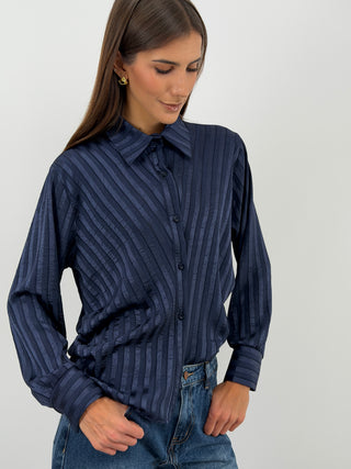 Camicia a Righe Blu con Arricciatura