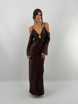 Abito Satin con Maniche Lunghe Marrone