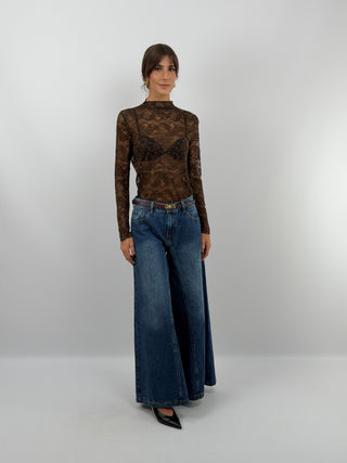 Brown Lace Mock Neck Top