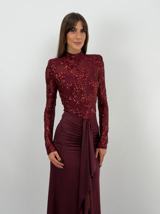 Abito Paillettes con Drappeggio Bordeaux
