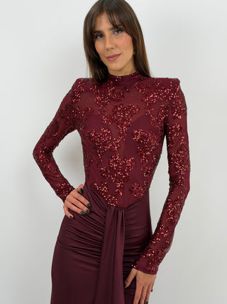 Abito Paillettes con Drappeggio Bordeaux