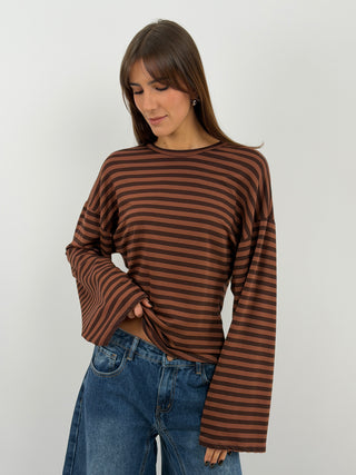 Maglia a Righe Marrone con Arricciatura