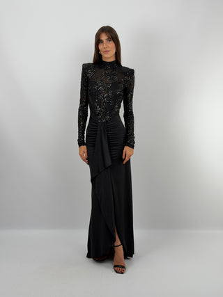 Abito Paillettes con Drappeggio Nero