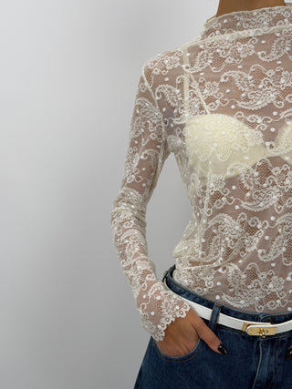 Maglia in Pizzo con Colletto Panna