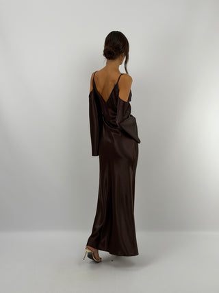 Abito Satin con Maniche Lunghe Marrone