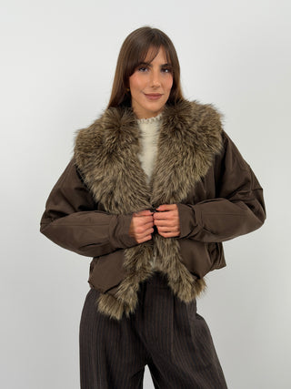 Brown Bomber Jacket with Fur