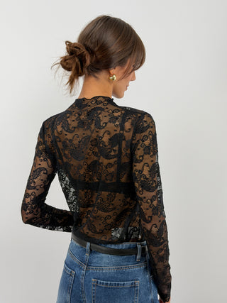 Black Lace Mock Neck Top