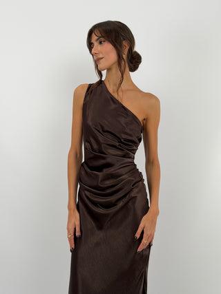 Abito Satin Monospalla Marrone