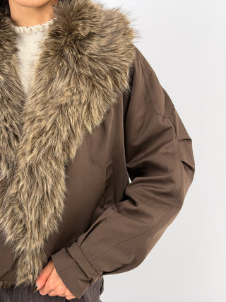 Brown Bomber Jacket with Fur