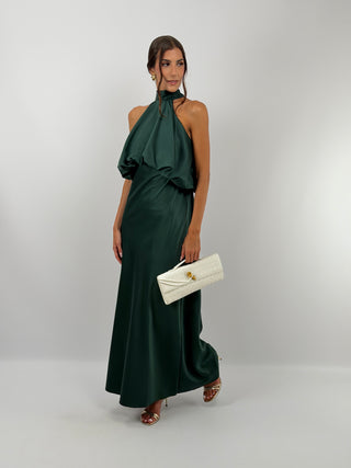 Abito Satin con Top a Balza Verde Smeraldo