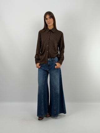 Camicia a Righe Marrone con Arricciatura
