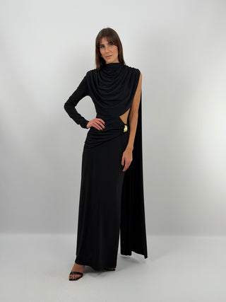 Long Black Dress with Cut Out and Draping