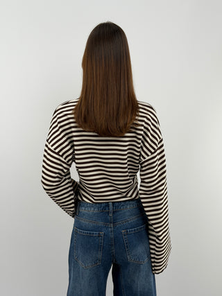 Cream Striped Top with Ruching