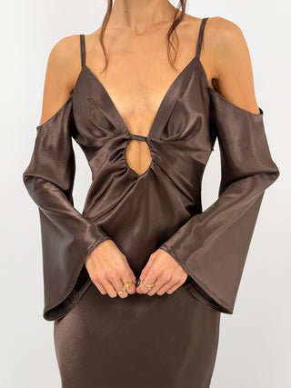 Abito Satin con Maniche Lunghe Marrone