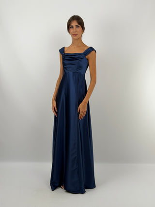 Abito Lungo con Spacco e Spalline Blu
