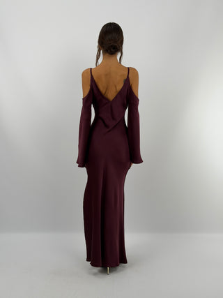 Abito Satin con Maniche Lunghe Burgundy
