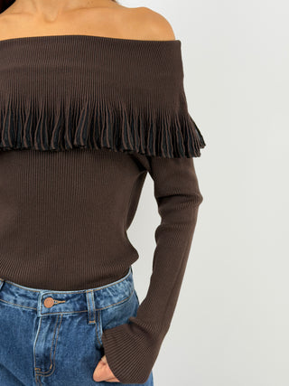 Brown Off-Shoulder Knit Top