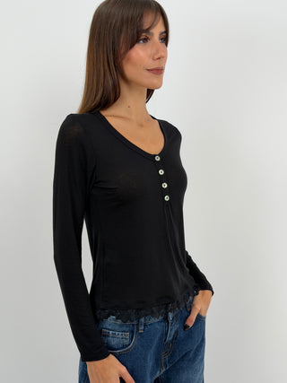 Pull Ultra-Léger avec Cachemire, Boutons et Dentelle Noir