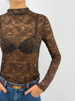Brown Lace Mock Neck Top
