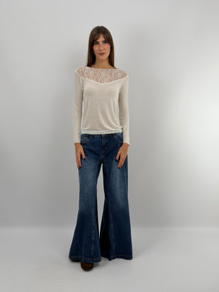Pull Ultra-Léger avec Cachemire et Dentelle Crème