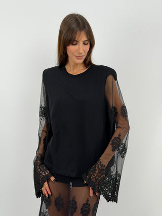 Black Top with Tulle Sleeves - Lumina