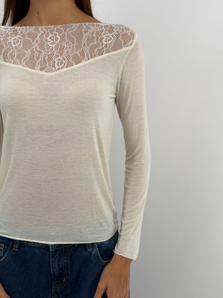 Pull Ultra-Léger avec Cachemire et Dentelle Crème