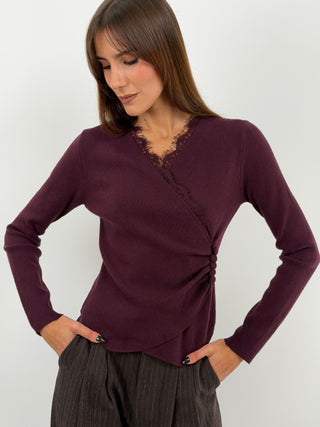 Maglia Incrociata con Pizzo Burgundy