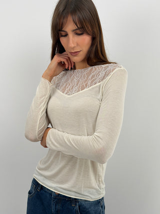 Pull Ultra-Léger avec Cachemire et Dentelle Crème