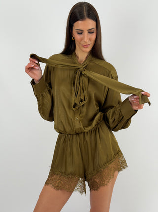 Abito Tutina Lumina in Tessuto Satin Verde Oliva