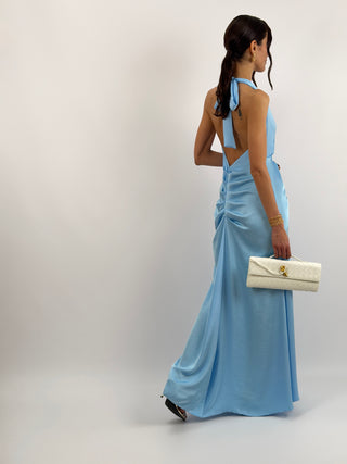 Abito Lungo Scollo a V con Drappeggio Azzurro