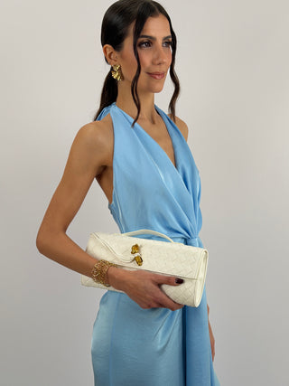 Abito Lungo Scollo a V con Drappeggio Azzurro