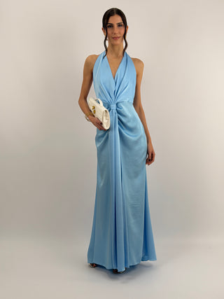 Abito Lungo Scollo a V con Drappeggio Azzurro
