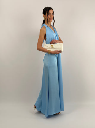 Abito Lungo Scollo a V con Drappeggio Azzurro
