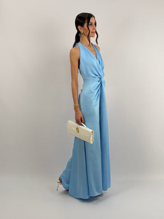 Abito Lungo Scollo a V con Drappeggio Azzurro