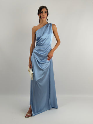Abito Lungo Monospalla con Spacco Azzurro Polvere