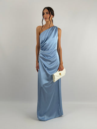 Abito Lungo Monospalla con Spacco Azzurro Polvere