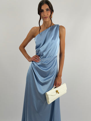 Abito Lungo Monospalla con Spacco Azzurro Polvere
