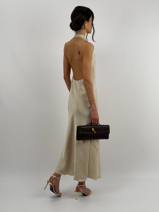 Abito Lungo Halter con Scollo Morbido Beige