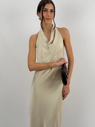 Abito Lungo Halter con Scollo Morbido Beige