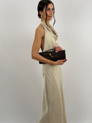 Abito Lungo Halter con Scollo Morbido Beige