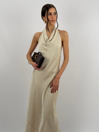 Abito Lungo Halter con Scollo Morbido Beige