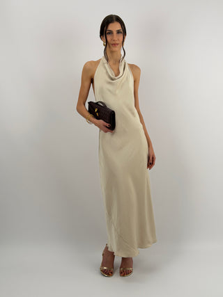 Abito Lungo Halter con Scollo Morbido Beige