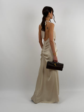 Abito Lungo Scollo a V con Drappeggio Beige