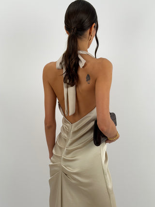 Abito Lungo Scollo a V con Drappeggio Beige