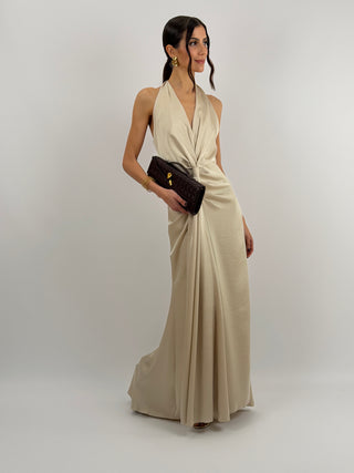 Abito Lungo Scollo a V con Drappeggio Beige