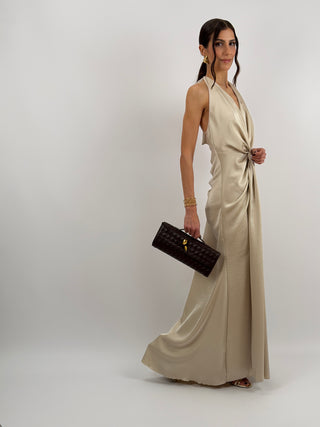 Abito Lungo Scollo a V con Drappeggio Beige