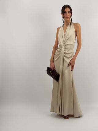 Abito Lungo Scollo a V con Drappeggio Beige