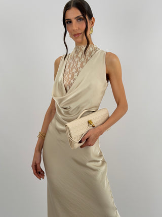 Abito Lungo Scollo Morbido e Pizzo Beige