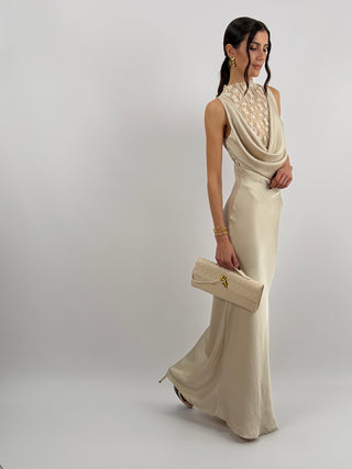 Abito Lungo Scollo Morbido e Pizzo Beige