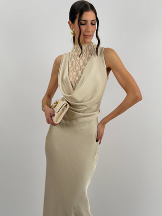 Abito Lungo Scollo Morbido e Pizzo Beige